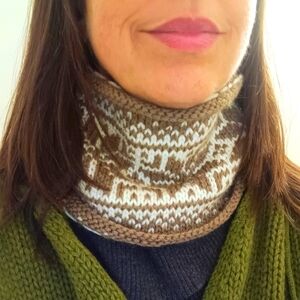 Hand Crafted Handknit Unisex Taupe & Ivory Scandinavian Motif Cowl Scarf